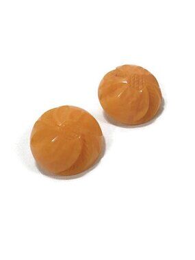 Vintage 40s Earrings Carved Glass Round Dome Marigold Yellow Orange